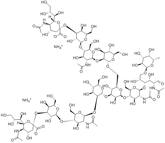O-(N-乙酰基-ALPHA-神经胺酰基)-[2-3(OR 2-6)]-O-BETA-D-吡喃半乳糖基-(1-4)-O-2-(乙酰氨基)-2-脱氧-BETA-D-吡喃葡萄糖基-(1-2)-O-ALPHA-D-甘露糖基-(1-3)-O-[O-(N-乙酰基-ALPHA-神经胺酰基)-[2-3(OR 2-6)]-O-BETA-D-吡喃半乳糖基-(1-4)-O-2-(乙酰氨基)-2-脱氧-BETA-D-吡喃葡萄糖基-(1-2)-ALPHA-D-甘露糖基-(1-6)]-O-BETA-D-甘露糖基-(1-4)-O-2-(乙酰氨基)-2-脱氧-BETA-D-吡喃葡萄糖基-(1-4)-O-[6-脱氧-ALPH, 108341-22-6, 结构式