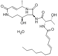 (2E,4E)-N-[(1S,2R)-2-ヒドロキシ-1-[[[(3E,5S,8S,10S)-10-ヒドロキシ-5-メチル-2,7-ジオキソ-1,6-ジアザシクロドデカ-3-エン-8-イル]アミノ]カルボニル]プロピル]-2,4-ドデカジエンアミド 化学構造式