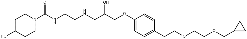 N-[2-[[3-[4-[2-[2-(シクロプロピルメトキシ)エトキシ]エチル]フェノキシ]-2-ヒドロキシプロピル]アミノ]エチル]-4-ヒドロキシピペリジン-1-カルボアミド 化学構造式