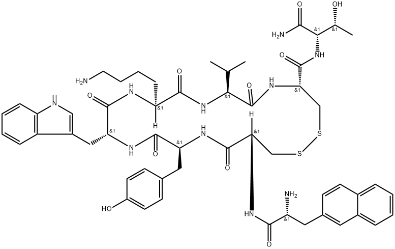 3-(2-ナフタレニル)-D-Ala-L-Cys(1)-L-Tyr-D-Trp-L-Lys-L-Val-L-Cys(1)-L-Thr-NH2 化学構造式
