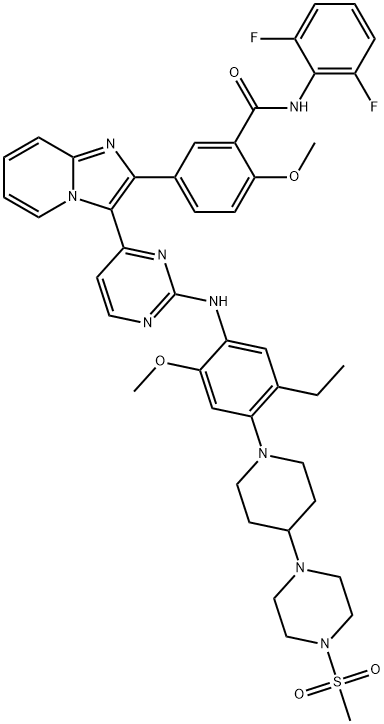 N-(2,6-二氟苯基)-5-[3-[2-[[5-乙基-2-甲氧基-4-[4-[4-(甲基磺酰基)-1-哌嗪基]-1-哌啶基]苯基]氨基]-4-嘧啶基]咪唑并[1,2-A]吡啶-2-基]-2-甲氧基苯甲酰胺,1089283-49-7,结构式