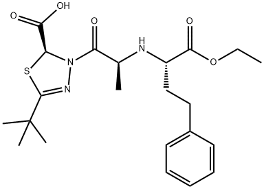 (2S)-5-tert-ブチル-3-[(2S)-2-[[(1S)-1-エトキシカルボニル-3-フェニルプロピル]アミノ]プロパノイル]-2,3-ジヒドロ-1,3,4-チアジアゾール-2β-カルボン酸 化学構造式