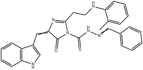 1H-Imidazole-1-carbothioic acid, 4,5-dihydro-4-(1H-indol-3-ylmethylene )-2-(2-((2-methylphenyl)amino)ethyl)-5-oxo-, (phenylmethylene)hydrazid e Structure