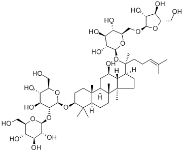 20-[(6-O-α-L-アラビノフラノシル-β-D-グルコピラノシル)オキシ]-12β-ヒドロキシ-5α-ダンマラ-24-エン-3β-イル2-O-β-D-グルコピラノシル-β-D-グルコピラノシド 化学構造式