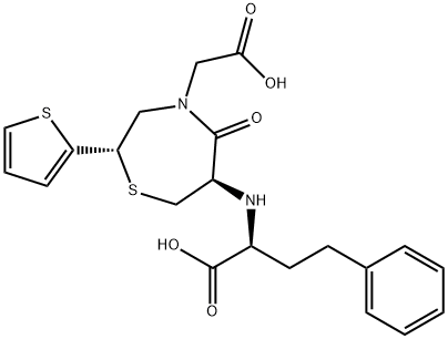 (S)-4-フェニル-2-[[(2S,6R)-4-(カルボキシメチル)ヘキサヒドロ-5-オキソ-2-(2-チエニル)-1,4-チアゼピン]-6-イルアミノ]ブタン酸 化学構造式