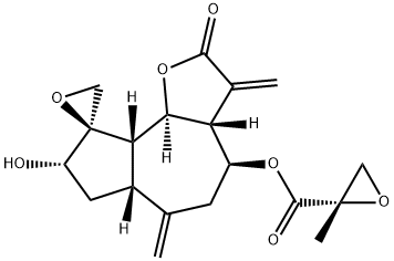 (2S)-2-メチル-2-オキシランカルボン酸(3aR,9R)-3,3aβ,4,5,6,6aβ,7,8,9aβ,9bα-デカヒドロ-8α-ヒドロキシ-3,6-ビス(メチレン)-2-オキソスピロ[アズレノ[4,5-b]フラン-9(2H),2'-オキシラン]-4β-イル 化学構造式