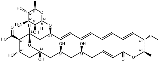 (7E,13E,15E,17E,19E)-21-(4-amino-3,5-dihydroxy-6-methyl-oxan-2-yl)oxy-12-ethyl-1,3,5,25-tetrahydroxy-11-methyl-9-oxo-10,27-dioxabicyclo[21.3.1]heptacosa-7,13,15,17,19-pentaene-24-carboxylic acid Struktur