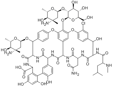 (4''R)-22-O-(3-アミノ-3-C-メチル-2,3,6-トリデオキシ-α-L-arabino-ヘキソピラノシル)-19-デクロロバンコマイシン 化学構造式