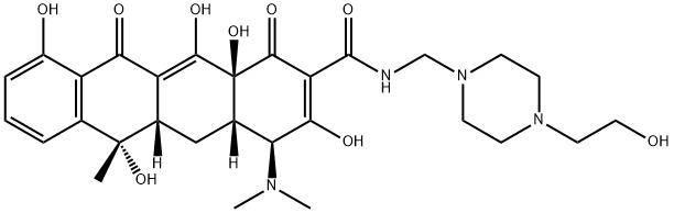 (4S)-4β-ジメチルアミノ-1,4,4aβ,5,5aβ,6,11,12a-オクタヒドロ-3,6α,10,12,12aβ-ペンタヒドロキシ-N-[[4-(2-ヒドロキシエチル)-1-ピペラジニル]メチル]-6-メチル-1,11-ジオキソ-2-ナフタセンカルボアミド 化学構造式