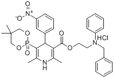 5,5-ジメチル-2-[[1,4-ジヒドロ-2,6-ジメチル-4-(3-ニトロフェニル)-5-[[2-[フェニル(フェニルメチル)アミノ]エトキシ]カルボニル]ピリジン]-3-イル]-1,3,2-ジオキサホスホリナン2-オキシド·塩酸塩 化学構造式