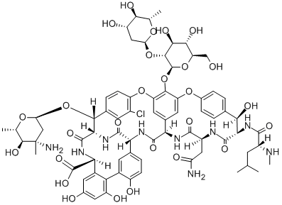 (3''S,4''R)-22-O-(3-アミノ-3-C-メチル-2,3,6-トリデオキシ-α-L-arabino-ヘキソピラノシル)-3''-デアミノ-10-デクロロ-3''-デメチル-3''-ヒドロキシバンコマイシン 化学構造式