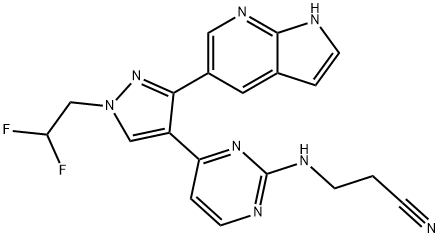 Propanenitrile, 3-[[4-[1-(2,2-difluoroethyl)-3-(1H-pyrrolo[2,3-b]pyridin-5-yl)-1H-pyrazol-4-yl]-2-pyriMidinyl]aMino]- 化学構造式
