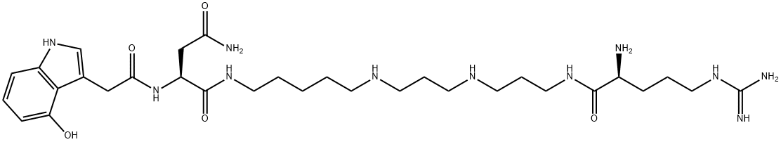 (2S)-N-[(16S)-16,21-ジアミノ-21-イミノ-15-オキソ-6,10,14,20-テトラアザヘニコサン-1-イル]-2-[[(4-ヒドロキシ-1H-インドール-3-イル)アセチル]アミノ]ブタンジアミド 化学構造式