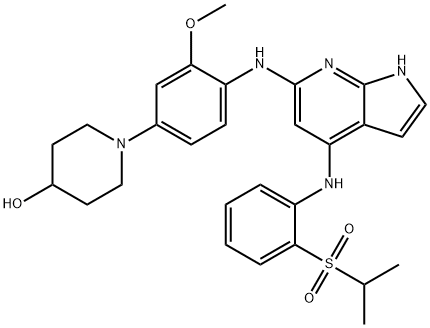 1-(4-(4-(2-(isopropylsulfonyl)phenylamino)-1H-pyrrolo[2,3-b]pyridin-6-ylamino)-3-methoxyphenyl)piperidin-4-ol Structure