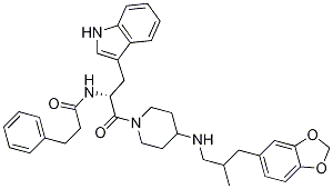 BenzenepropanaMide, N-[(1R)-2-[4-[[3-(1,3-benzodioxol-5-yl)-2-Methylpropyl]aMino]-1-piperidinyl]-1-(1H-indol-3-ylMethyl)-2-oxoethyl]- Struktur