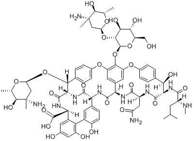 (4''R)-22-O-(3-アミノ-2,3,6-トリデオキシ-3-C-メチル-α-L-arabino-ヘキソピラノシル)-10,19-ジデクロロバンコマイシン 化学構造式