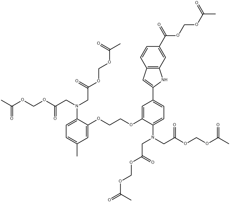 4-(6-羧基-2-吲哚基)-4'-甲基-2,2'-(乙烯基二氧)二苯胺-N,N,N',N'-四乙酸四(乙酰氧基甲基)酯 结构式