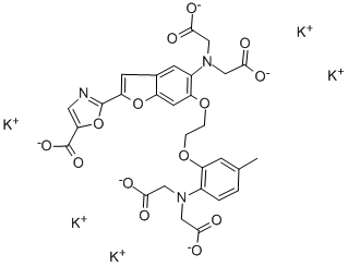2-[6-[双(羧甲基)氨基]-5-[2-[2-[双(羧甲基)氨基]-5-甲基苯氧基]乙氧基]-2-苯并呋喃基]-5-恶唑羧酸五钾盐, 113694-64-7, 结构式