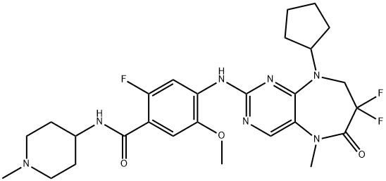 4-({9-シクロペンチル-7,7-ジフルオロ-5-メチル-6-オキソ-5H,6H,7H,8H,9H-ピリミド[4,5-b][1,4]ジアゼピン-2-イル}アミノ)-2-フルオロ-5-メトキシ-N-(1-メチルピペリジン-4-イル)ベンズアミド 化学構造式