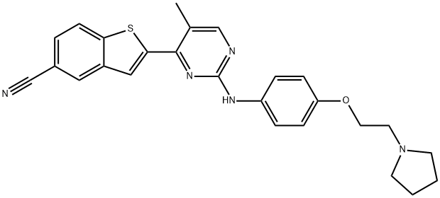 Benzo[b]thiophene-5-carbonitrile, 2-[5-Methyl-2-[[4-[2-(1-pyrrolidinyl)ethoxy]phenyl]aMino]-4-pyriMidinyl]- Struktur