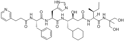 3-エチル-N-[1,1-ビス(ヒドロキシメチル)エチル]-Nα-[(3S,4S)-5-シクロヘキシル-3-ヒドロキシ-4-[[N-[3-(3-ピリジニル)-1-オキソプロピル]-L-Phe-L-His-]アミノ]ペンタノイル]-L-ノルバリンアミド 化学構造式