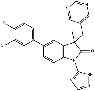 5-(3-クロロ-4-フルオロフェニル)-3-メチル-3-(ピリミジン-5-イルメチル)-1-(1H-1,2,4-トリアゾール-3-イル)インドリン-2-オン 化学構造式