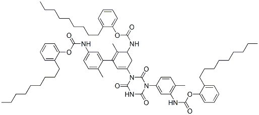Carbamic acid, dihydro-5-2-methyl-5-(nonylphenoxy)carbonylaminophenyl-2,4,6-trioxo-1,3,5-triazine-1,3(2H,4H)-diylbis(6-methyl-3,1-phenylene)bis-, bis(nonylphenyl) ester Struktur