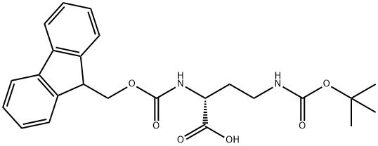 (R)-2-(9H-フルオレン-9-イルメトキシカルボニルアミノ)-4-(tert-ブトキシカルボニルアミノ)酪酸 化学構造式