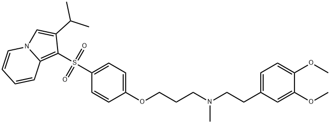 3,4-ジメトキシ-N-メチル-N-[3-[4-[[2-(1-メチルエチル)-1-インドリジニル]スルホニル]フェノキシ]プロピル]ベンゼンエタンアミン 化学構造式