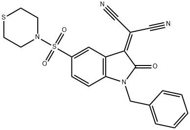 2-[(1-Benzyl-2-oxo-5-(thiomorpholinosulfonyl)indolin-3-ylidene]malononitrile Structure