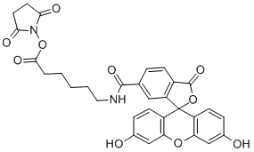6-[フルオレセイン-5(6)-カルボキサミド]ヘキサン酸 N-ヒドロキシスクシンイミドエステル 化学構造式