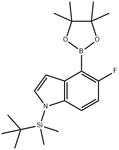 1H-インドール, 1-[(1,1-ジメチルエチル)ジメチルシリル]-5-フルオロ-4-(4,4,5,5-テトラメチル-1,3,2-ジオキサボロラン-2-イル)- 化学構造式