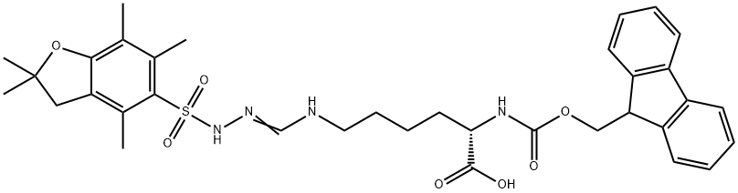 L-Lysine, N6-[[[(2,3-dihydro-2,2,4,6,7-pentamethyl-5-benzofuranyl)sulfonyl]amino]iminomethyl]-N2-[(9H-fluoren-9-ylmethoxy)carbonyl]- 化学構造式