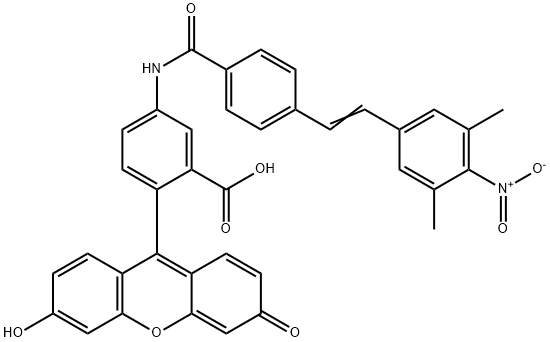 5-[4-[2-(3,5-二甲基-4-硝基苯乙烯基)苯甲酰胺基]-2-(6-羟基-3-氧代-3H-氧杂蒽-9-基)苯甲酸一水合物, 1160555-05-4, 结构式