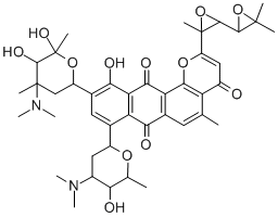 2-[(2S,3S)-2-メチル-3-[(2S)-3,3-ジメチルオキシラン-2-イル]オキシラニル]-11-ヒドロキシ-5-メチル-8-[2,3,6-トリデオキシ-3-(ジメチルアミノ)-β-D-arabino-ヘキソピラノシル]-10-[3-(ジメチルアミノ)-5-C-ヒドロキシ-3-C-メチル-2,3,6-トリデオキシ-β-D-ribo-ヘキソピラノシル]-4H-アントラ[1,2-b]ピラン-4,7,12-トリオン 化学構造式