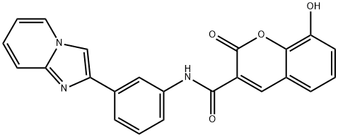 8-ヒドロキシ-N-(3-{イミダゾ[1,2-a]ピリジン-2-イル}フェニル)-2-オキソ-2H-クロメン-3-カルボキサミド 化学構造式