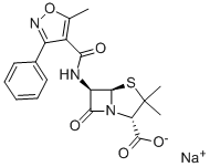 (2S,5R)-3,3-ジメチル-6α-[[(5-メチル-3-フェニルイソオキサゾール-4-イル)カルボニル]アミノ]-7-オキソ-4-チア-1-アザビシクロ[3.2.0]ヘプタン-2β-カルボン酸ナトリウム 化学構造式
