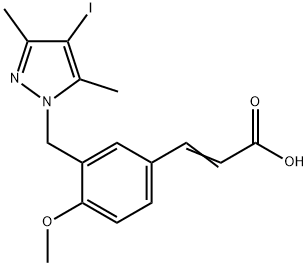 (2E)-3-{3-[(4-iodo-3,5-dimethyl-1H-pyrazol-1-yl)methyl]-4-methoxyphenyl}acrylic acid 化学構造式