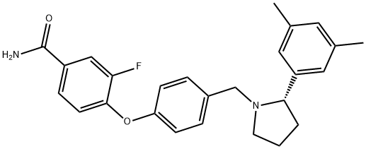 (S)-4-(4-((2-(3,5-ジメチルフェニル)ピロリジン-1-イル)メチル)フェノキシ)-3-フルオロベンズアミド 化学構造式