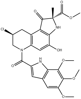 (2R)-8β-クロロ-2,3,6,7,8,9-ヘキサヒドロ-4-ヒドロキシ-2-メチル-1-オキソ-6-(5,6,7-トリメトキシ-1H-インドール-2-イルカルボニル)-1H-ピロロ[3,2-f]キノリン-2α-カルボン酸メチル 化学構造式