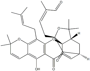 2-Butenal, 2-methyl-4-[3a,4,5,7-tetrahydro-8-hydroxy-3,3,11,11-tetramethyl-13-(3-methyl-2-butenyl)-7,15-dioxo-1,5-methano-1H,3H,11H-furo[3,4-g]pyrano[3,2-b]xanthen-1-yl]-, [1R-[1alpha,1(Z),3abeta,5alpha,14aS*]]- Struktur