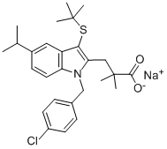 3-[1-(4-クロロベンジル)-3-(tert-ブチルチオ)-5-イソプロピル-1H-インドール-2-イル]-2,2-ジメチルプロパン酸 化学構造式