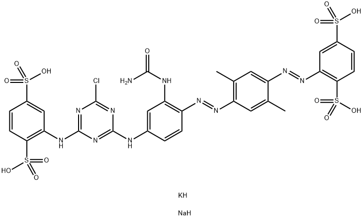 1,4-Benzenedisulfonic acid, 2-[[4-[[2-[(aminocarbonyl) amino]-4-[[4-chloro-6-[(2,5-disulfophenyl)amino] -1,3,5-triazin-2-yl]amino]phenyl]azo]-2,5-dimethylpheny l]azo]-, potassium sodium salt Struktur