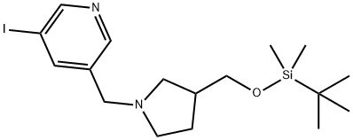 3-((3-((tert-Butyldimethylsilyloxy)methyl)-pyrrolidin-1-yl)methyl)-5-iodopyridine 化学構造式