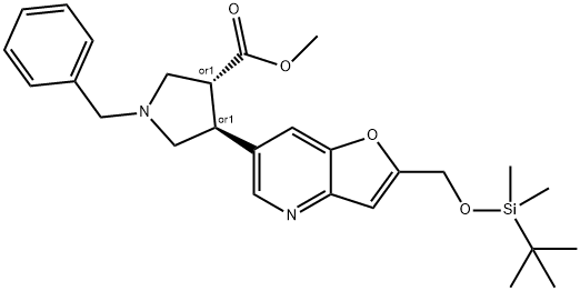 (3R,4S)-1-苄基-4-(2-(((叔丁基二甲基甲硅烷基)氧基)甲基)呋喃[3,2-B]吡啶-6-基)吡咯烷-3-羧酸甲酯, 1189172-05-1, 结构式