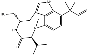 (2S,5S)-9-(1,1-ジメチル-2-プロペニル)-1,2,4,5,6,8-ヘキサヒドロ-5-(ヒドロキシメチル)-1-メチル-2-(1-メチルエチル)-3H-ピロロ[4,3,2-gh]-1,4-ベンゾジアゾニン-3-オン 化学構造式