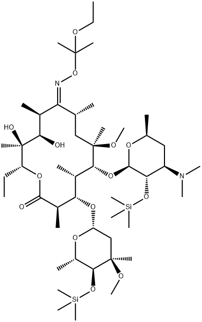 エリスロマイシン, 6-O-メチル-2',4''-ビス-O-(トリメチルシリル)-, 9-[O-(1-エトキシ-1-メチルエチル)オキシム] 化学構造式