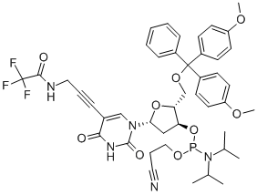 (2R,3S,5R)-2-((BIS(4-METHOXYPHENYL)(PHENYL)METHOXY)METHYL)-5-(2,4-DIOXO-5-(3-(2,2,2-TRIFLUOROACETAMIDO)PROP-1-YNYL)-3,4-DIHYDROPYRIMIDIN-1(2H)-YL)TETRAHYDROFURAN-3-YL 2-CYANOETHYL DIISOPROPYLPHOSPHORAMIDITE 化学構造式