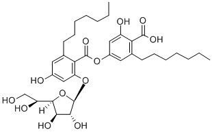 2-(β-D-ガラクトフラノシルオキシ)-6-ヘプチル-4-ヒドロキシ安息香酸4-カルボキシ-3-ヘプチル-5-ヒドロキシフェニル 化学構造式
