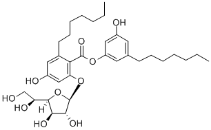 2-(β-D-ガラクトフラノシルオキシ)-6-ヘプチル-4-ヒドロキシ安息香酸3-ヘプチル-5-ヒドロキシフェニル 化学構造式